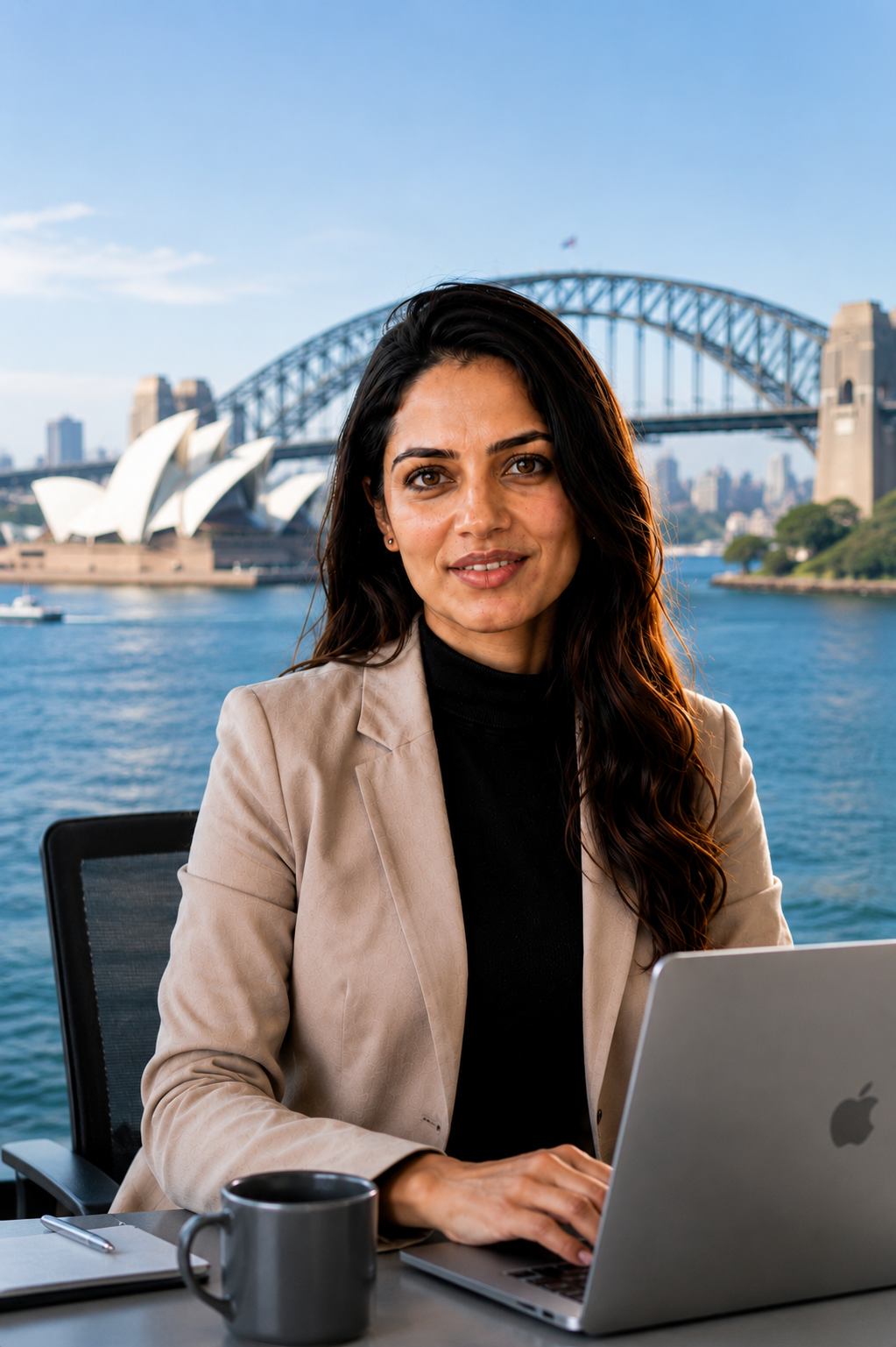 T2 Visa registered migration consultant at her desk overlooking Sydney Harbour